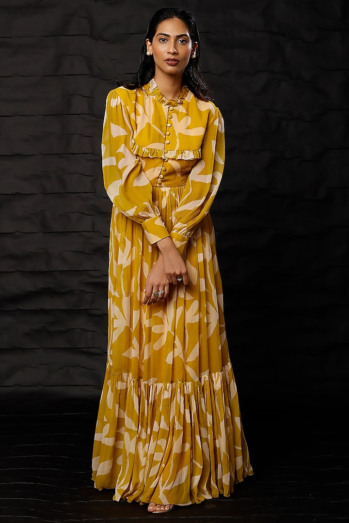 Mustard & Peach Printed Dress In Chiffon by Koai