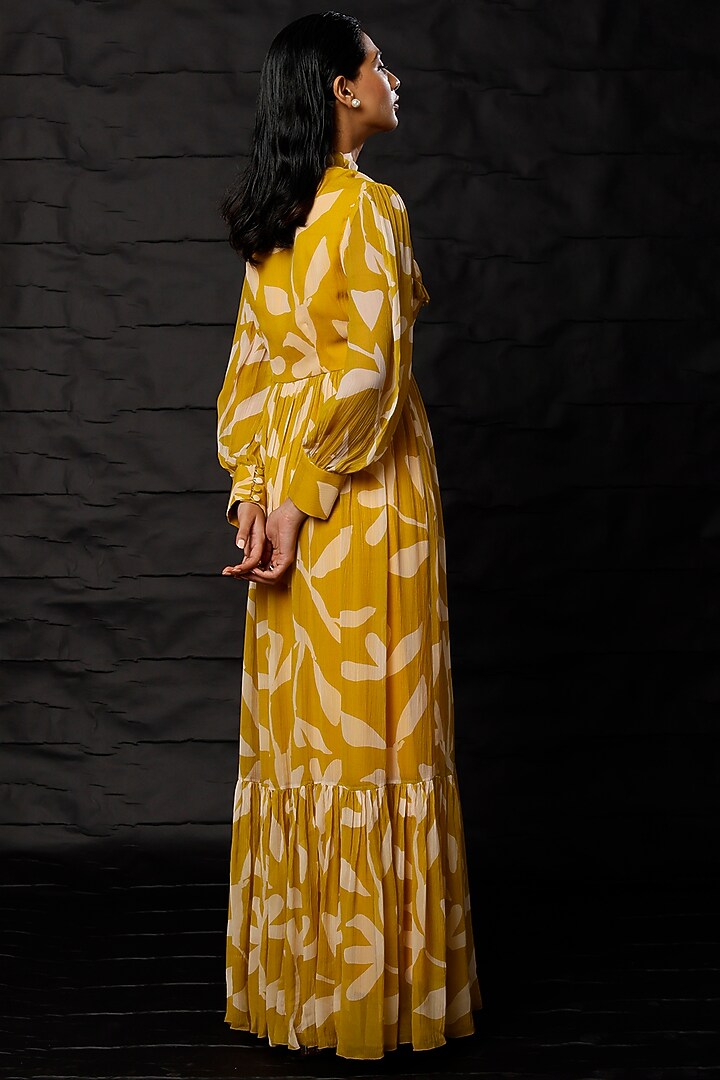 Mustard & Peach Printed Vacation Dress In Chiffon by Koai at Pernia's Pop Up Shop