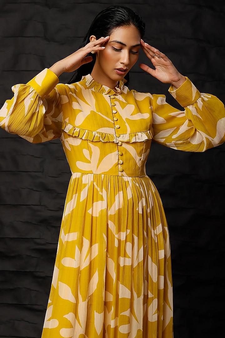 Mustard & Peach Printed Vacation Dress In Chiffon by Koai at Pernia's Pop Up Shop