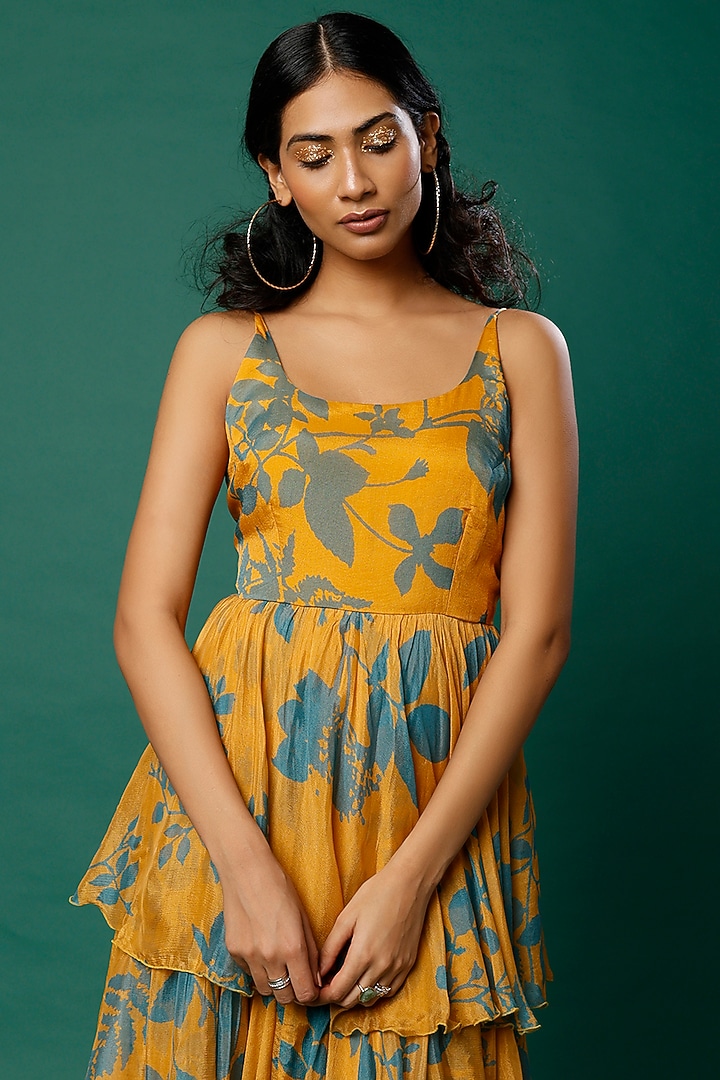 Mustard & Peach Layered Vacation Dress In Chiffon by Koai at Pernia's Pop Up Shop