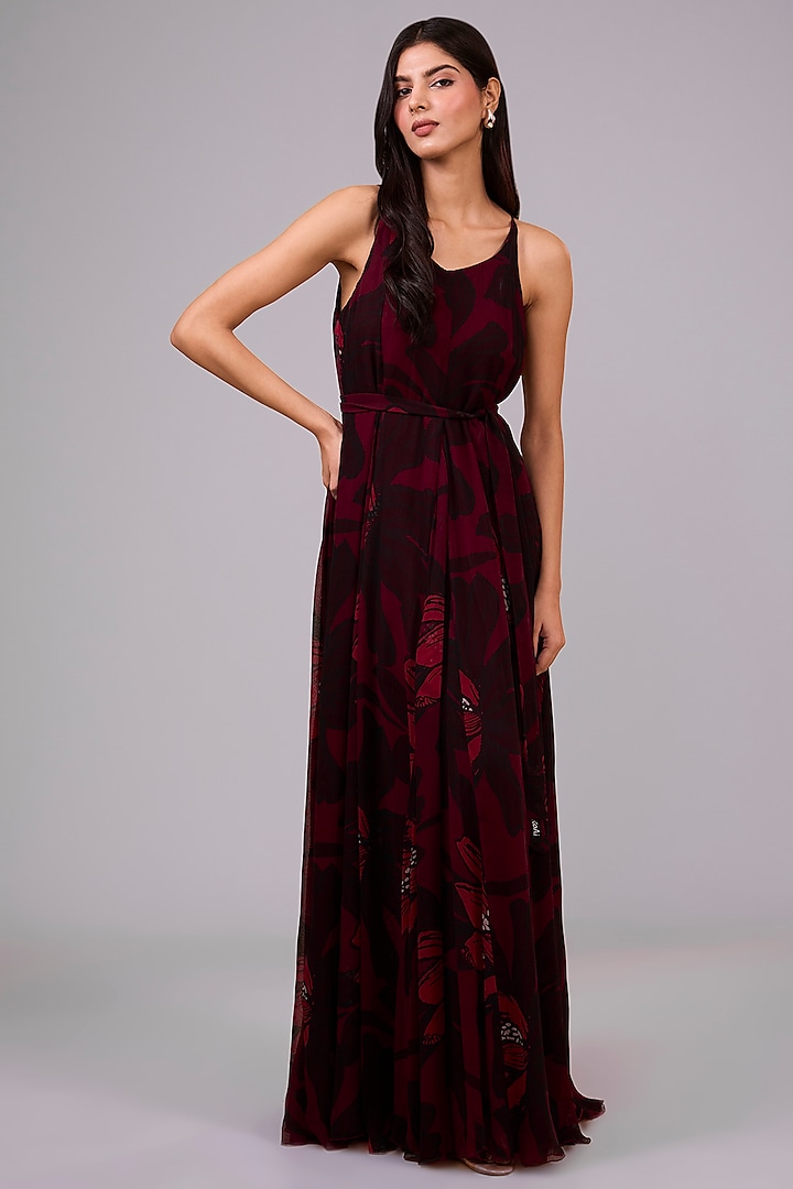 Dark Pink & Red Chiffon Floral Digital Printed Maxi Dress by Koai at Pernia's Pop Up Shop