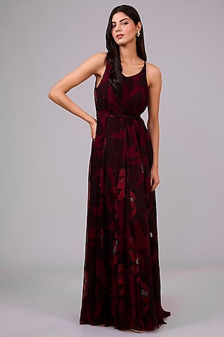 Dark Pink & Red Chiffon Floral Digital Printed Maxi Dress by Koai