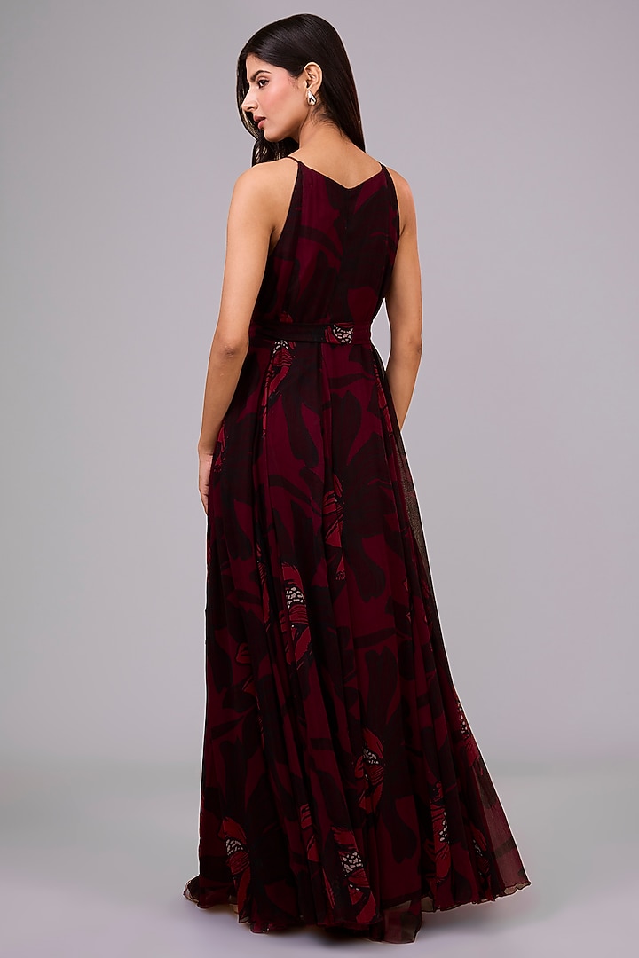 Dark Pink & Red Chiffon Floral Digital Printed Maxi Vacation Dress by Koai at Pernia's Pop Up Shop
