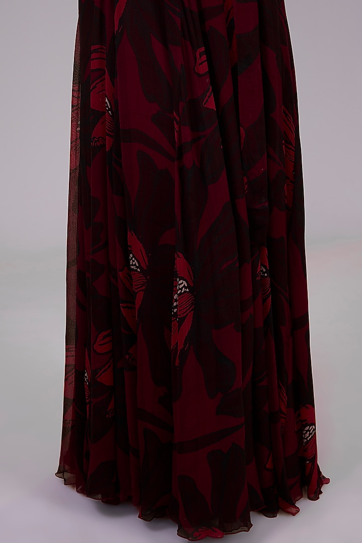 Dark Pink & Red Chiffon Floral Digital Printed Maxi Vacation Dress by Koai at Pernia's Pop Up Shop