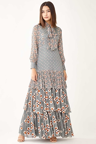 Ash Blue Motifs Printed Layered Dress by Koai