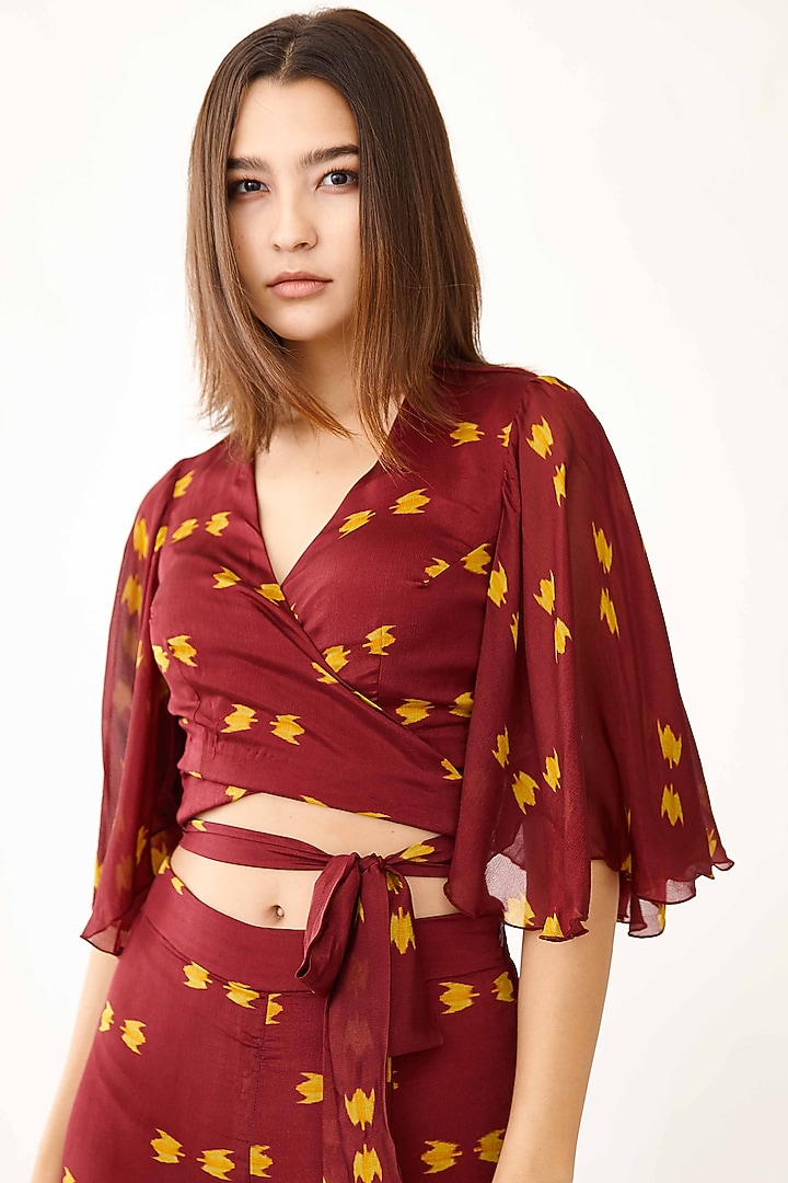 Maroon Printed Wrapped Top by Koai at Pernia's Pop Up Shop