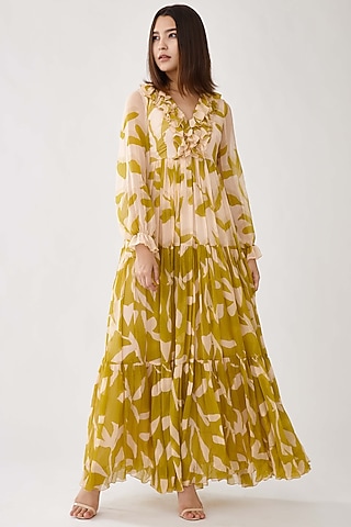 Peach Beige Floral Printed Maxi Dress by Koai