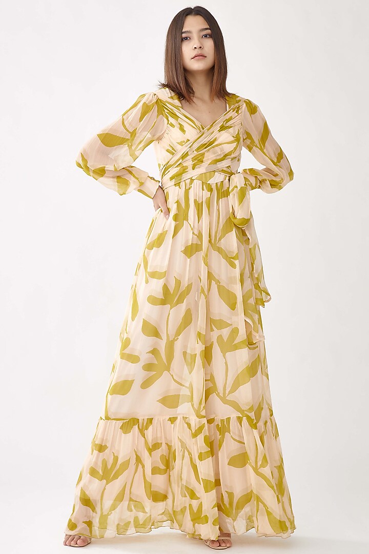 Peach Beige Floral Printed Wrapped Jumpsuit by Koai at Pernia's Pop Up Shop
