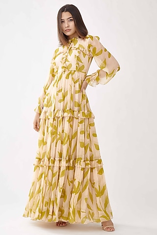 Peach Beige Floral Printed Layered Dress by Koai