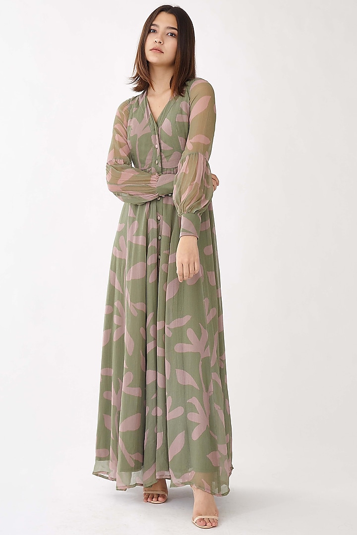 Olive Green & Lavender Flared Shirt Dress by Koai