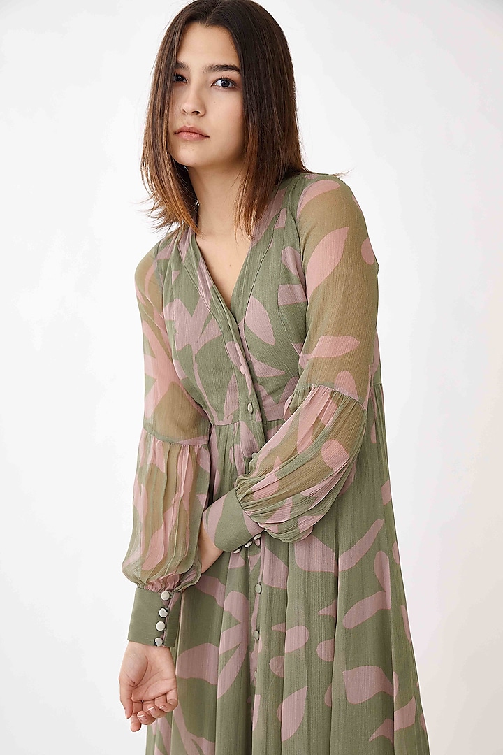 Olive Green & Lavender Flared Shirt Dress by Koai at Pernia's Pop Up Shop