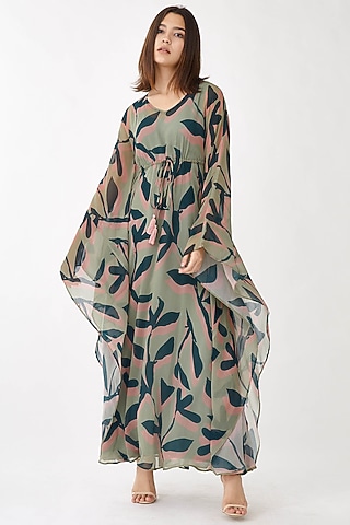 Olive Green & Green Floral Kaftan by Koai