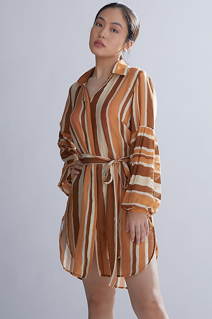 Brown Rust & Cream Striped Shirt Dress by Koai