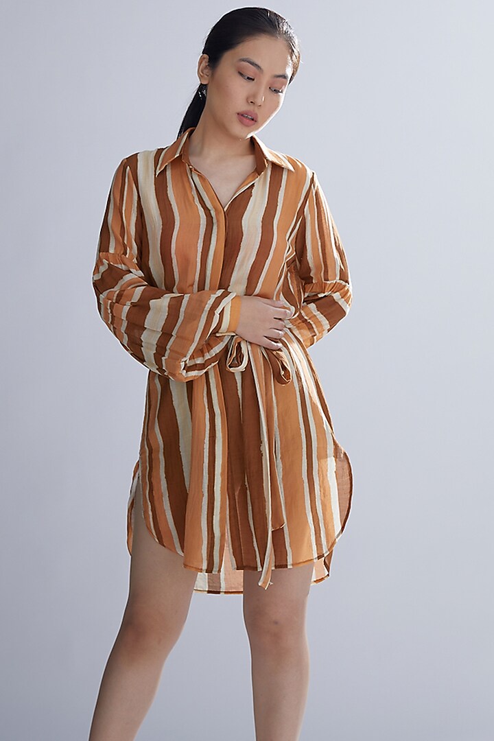 Brown Rust & Cream Striped Summer Shirt Dress by Koai at Pernia's Pop Up Shop