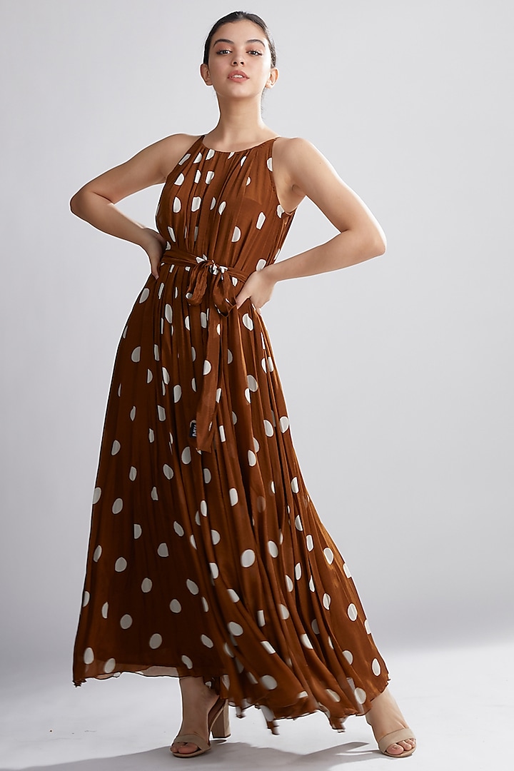 Brown & Cream Polka Dotted Dress by Koai