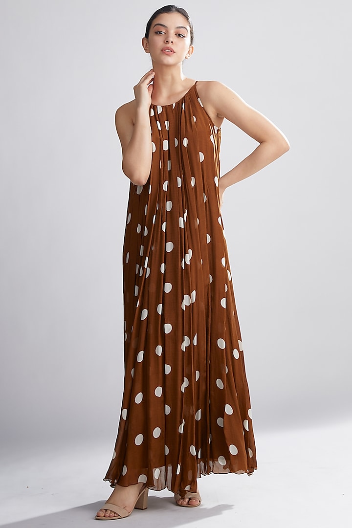 Brown & Cream Polka Dotted Vacation Dress by Koai at Pernia's Pop Up Shop