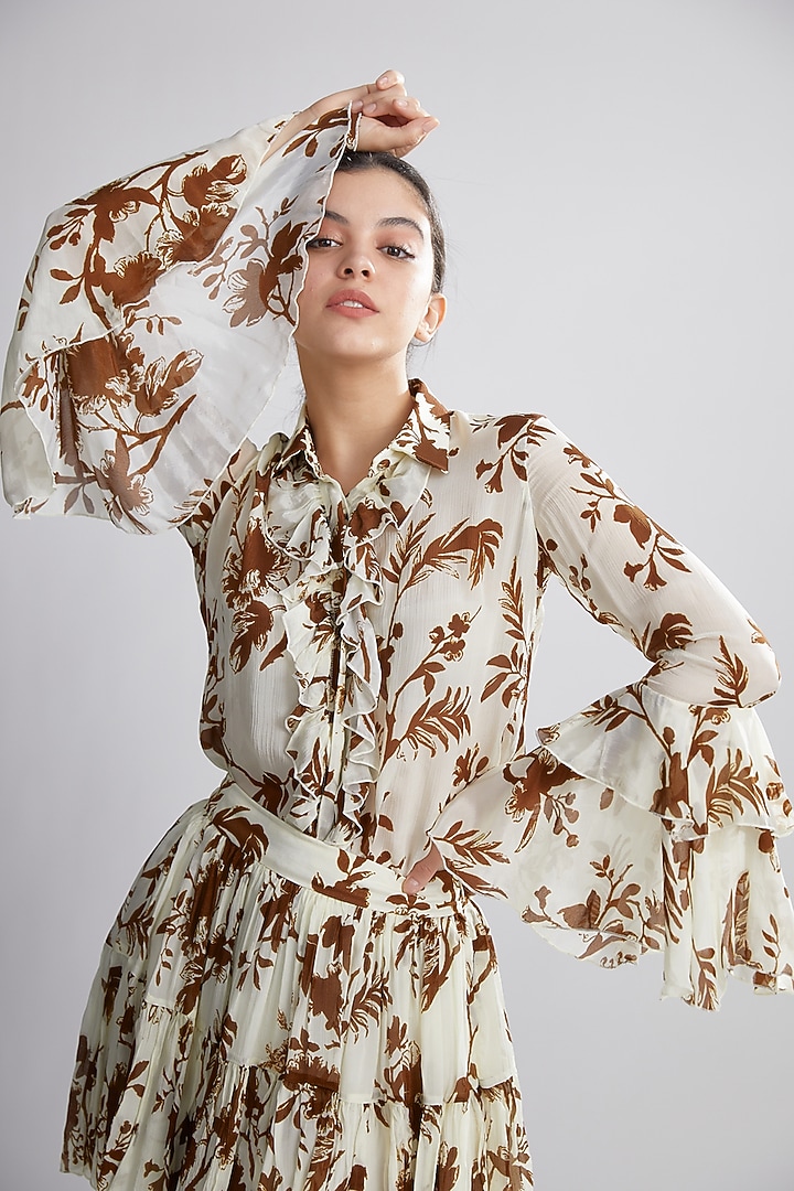 Cream & Brown Floral Top by Koai at Pernia's Pop Up Shop