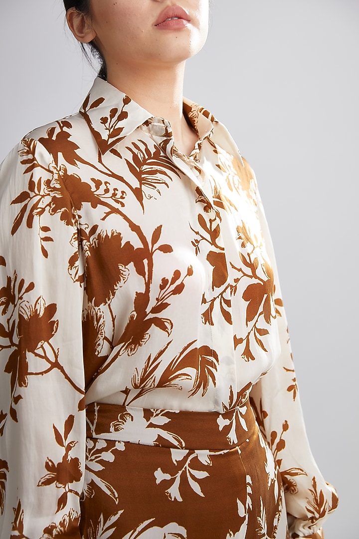 Cream & Brown Floral Shirt by Koai at Pernia's Pop Up Shop