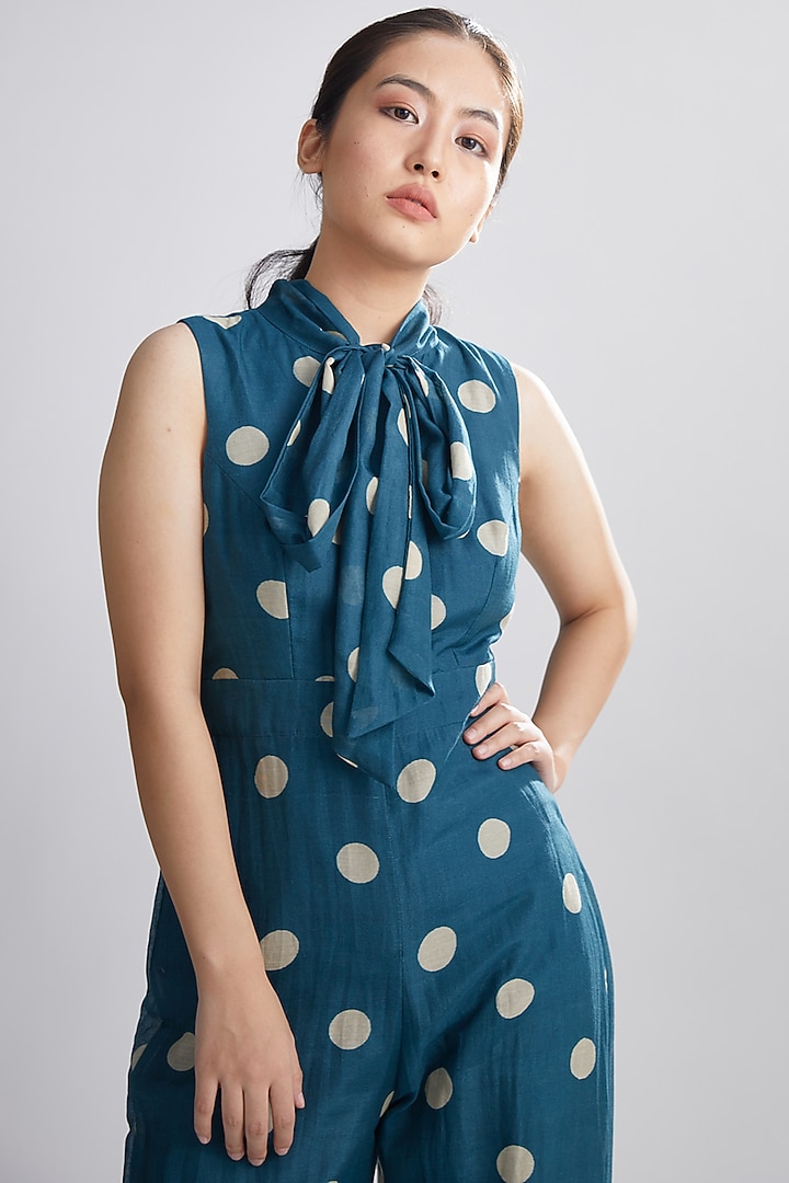 Cobalt Blue & Cream Polka Dotted Jumpsuit by Koai at Pernia's Pop Up Shop