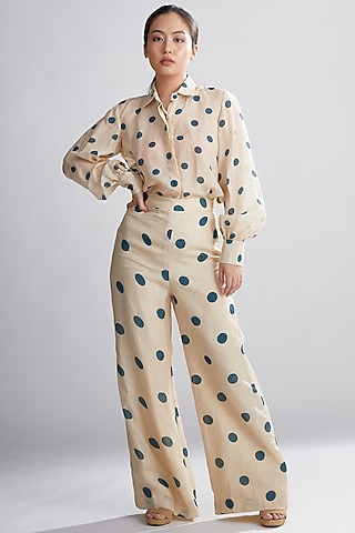 Beige & Teal Polka Dot Pants by Koai