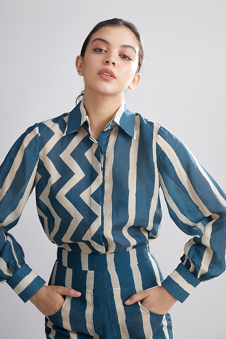 Cobalt Blue Zig-Zag Striped Shirt by Koai at Pernia's Pop Up Shop
