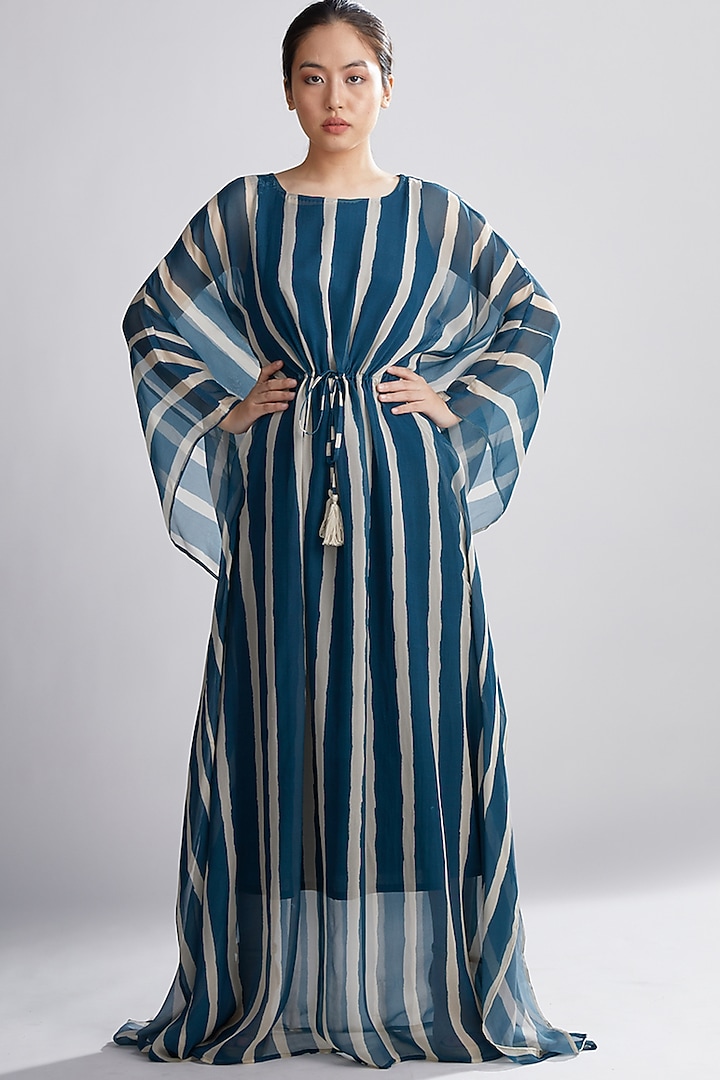Cobalt Blue & Cream Striped Kaftan by Koai at Pernia's Pop Up Shop