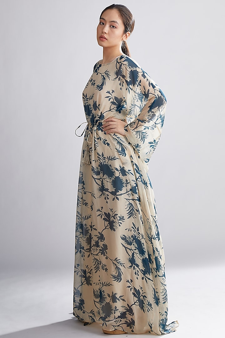 Cream & Teal Floral Kaftan by Koai at Pernia's Pop Up Shop