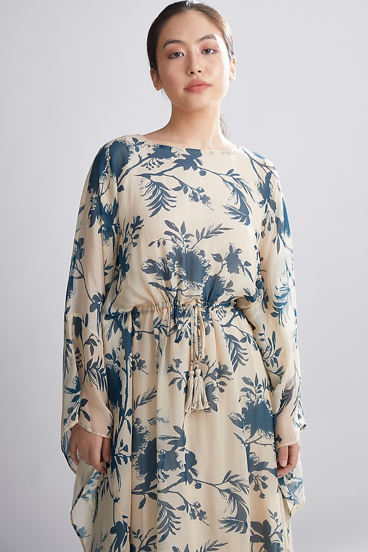 Cream & Teal Floral Kaftan by Koai at Pernia's Pop Up Shop