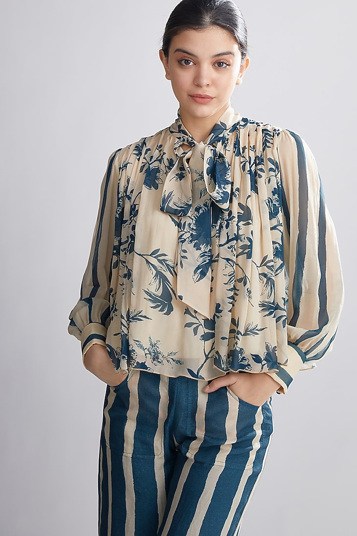 Cream & Teal Floral Top by Koai at Pernia's Pop Up Shop