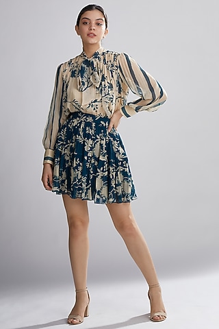 Beige & Teal Floral Mini Skirt by Koai