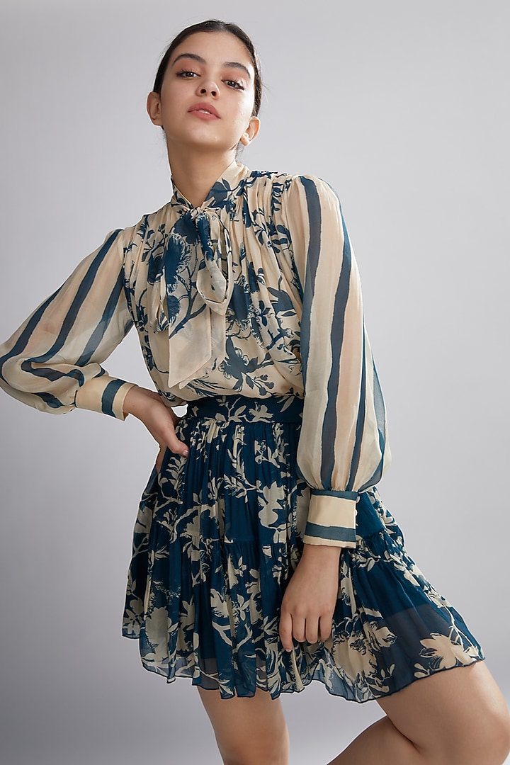 Beige & Teal Floral Mini Skirt by Koai at Pernia's Pop Up Shop