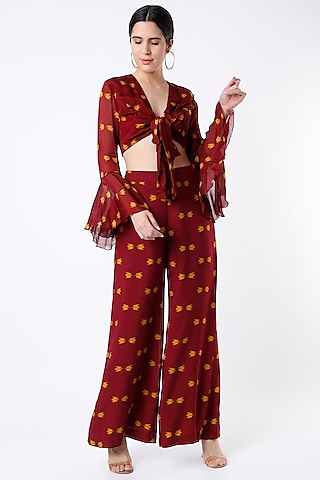 Maroon & Mustard Printed Wrap Top by Koai