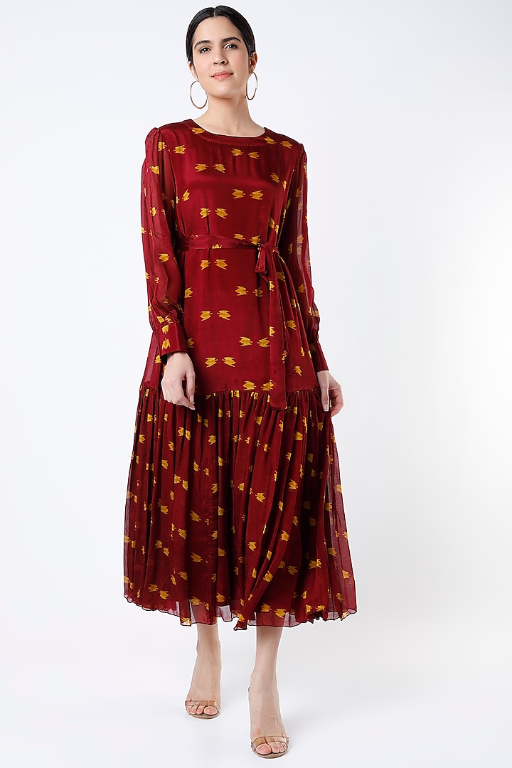 Maroon & Mustard Printed Dress by Koai