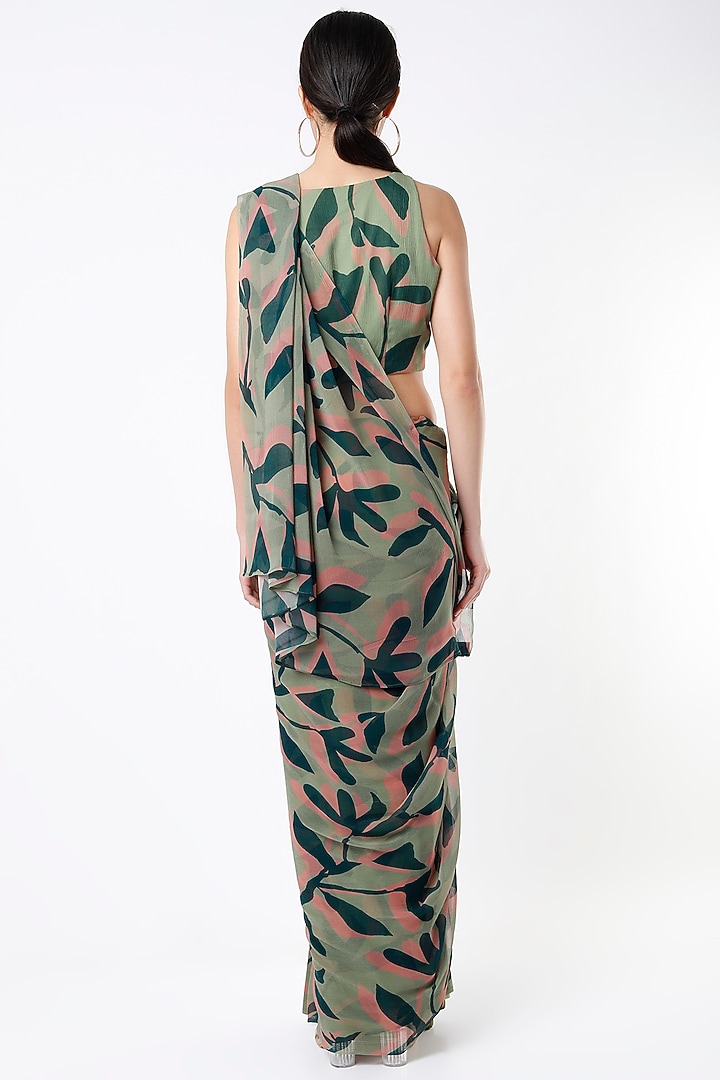 Olive Green Chiffon Digital Printed Festive Saree by Koai at Pernia's Pop Up Shop