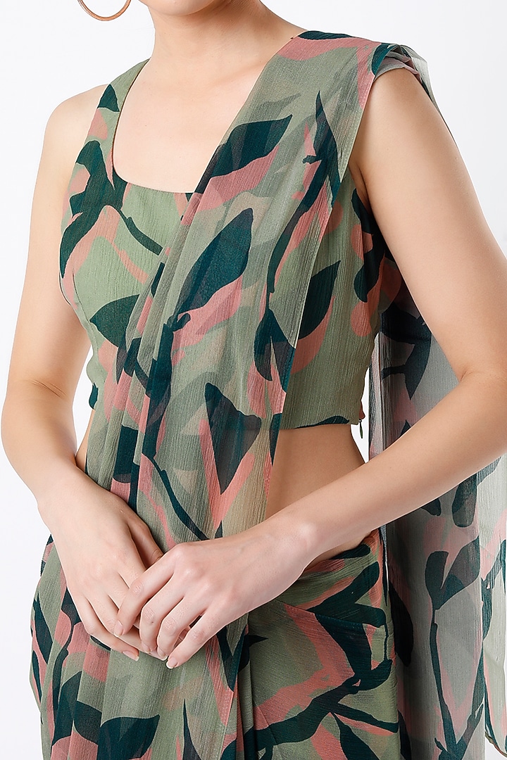 Olive Green Chiffon Digital Printed Festive Saree by Koai at Pernia's Pop Up Shop