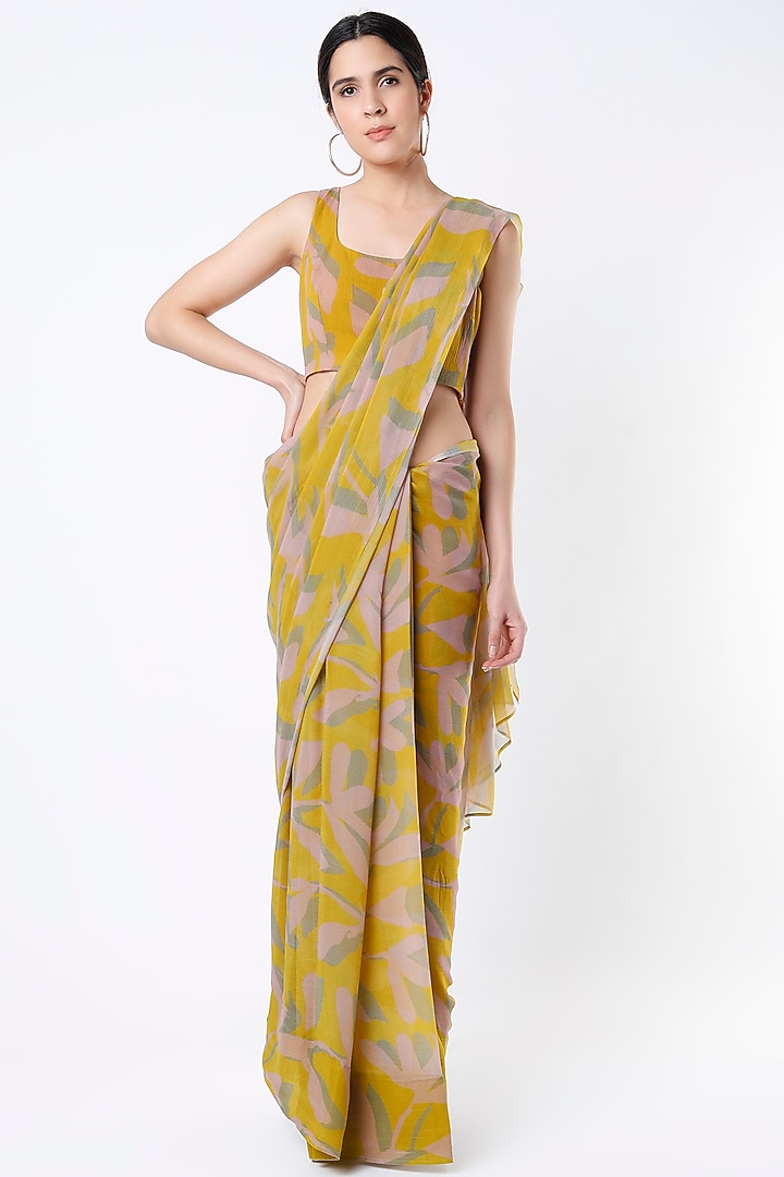 Mustard Chiffon Digital Printed Saree by Koai at Pernia's Pop Up Shop