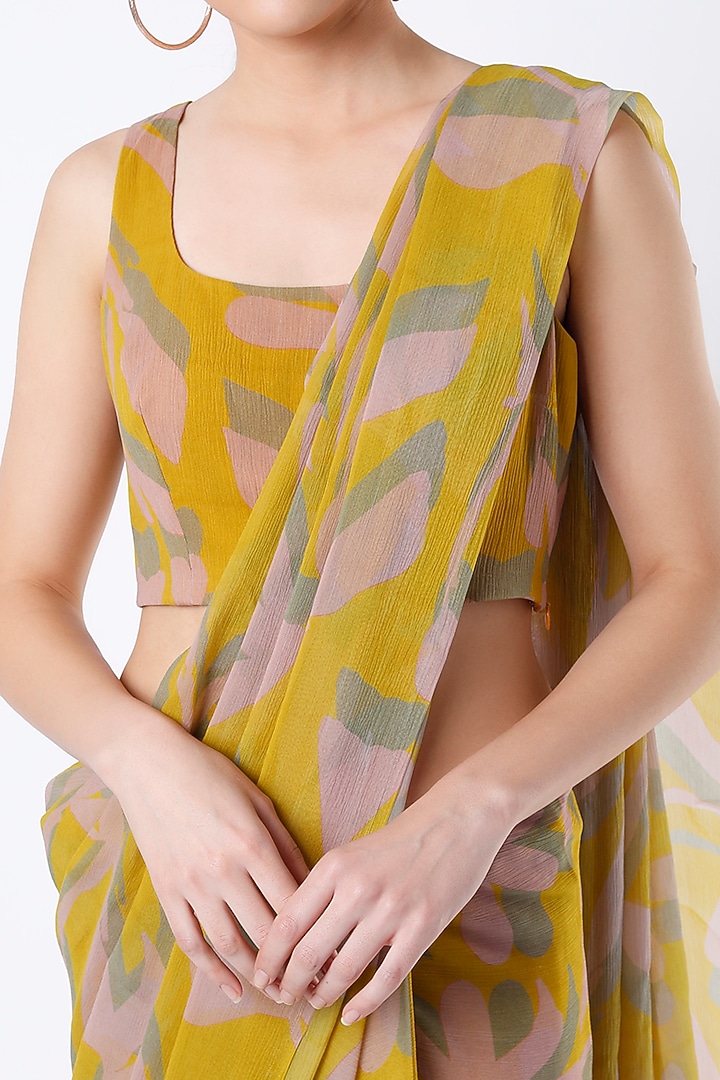Mustard Chiffon Digital Printed Saree by Koai at Pernia's Pop Up Shop
