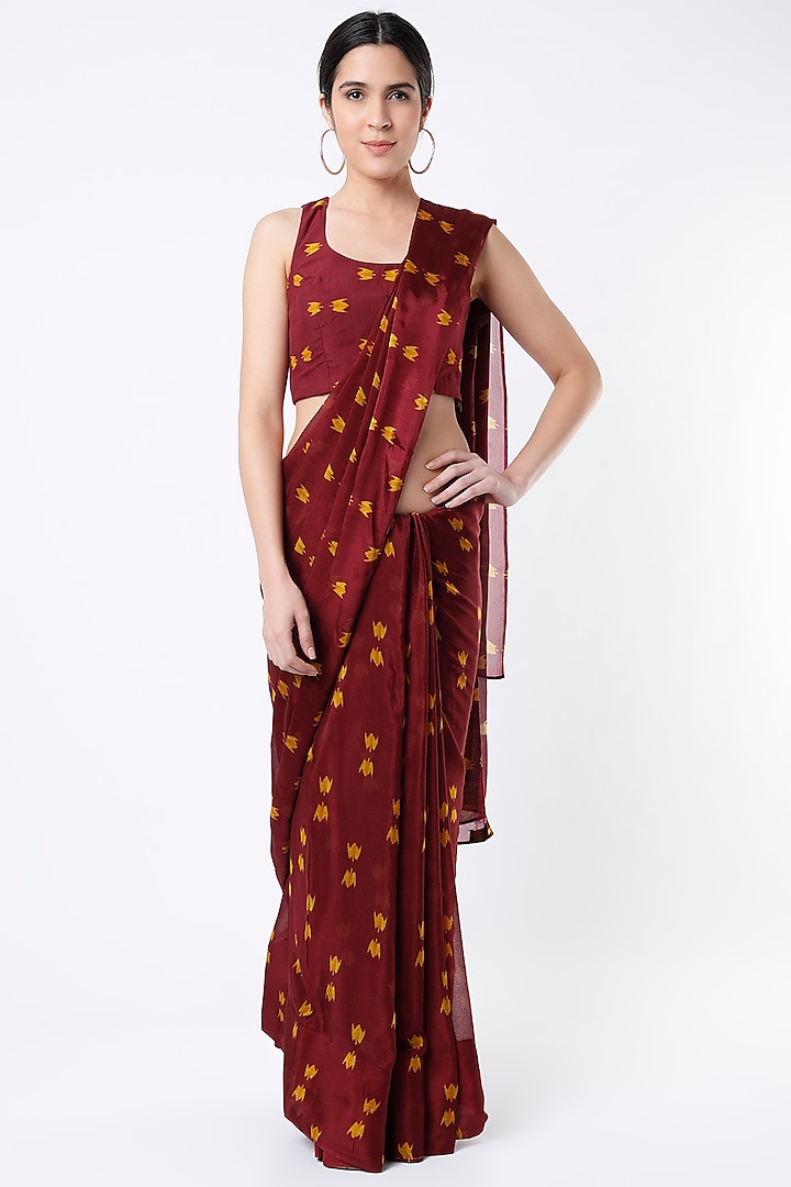 Maroon & Mustard Printed Saree by Koai