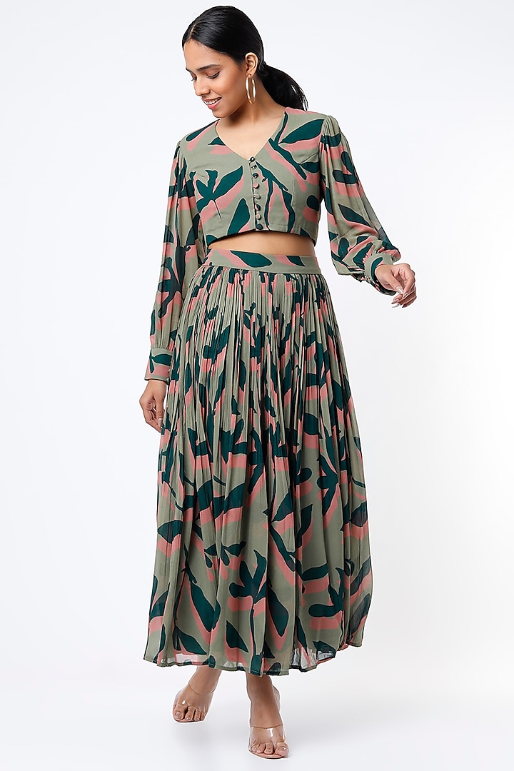 Olive Green Digital Printed Skirt by Koai
