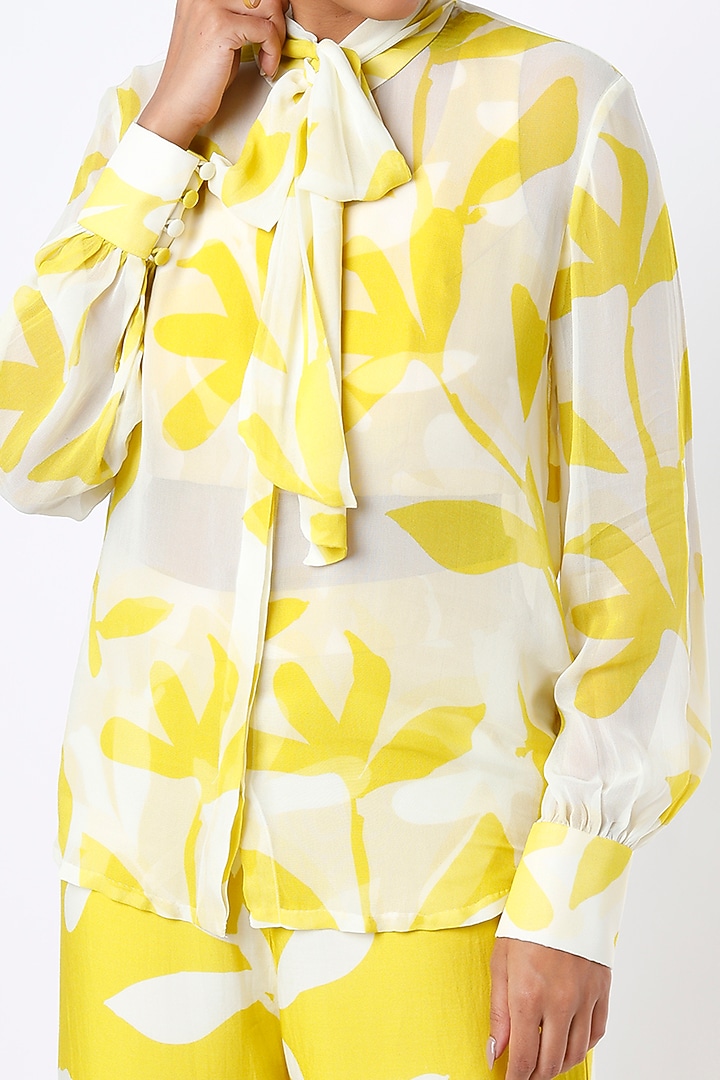 Mustard Floral Printed Bow Shirt by Koai at Pernia's Pop Up Shop
