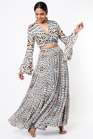 Grey & Off-White Digital Printed Skirt by Koai