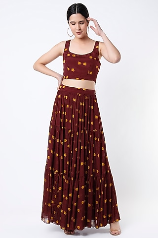 Maroon & Mustard Printed Skirt by Koai