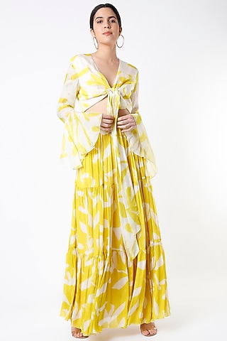 Off White & Mustard Printed Wrap Top by Koai