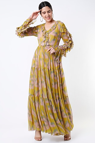 Peach & Mustard Printed Layered Dress by Koai