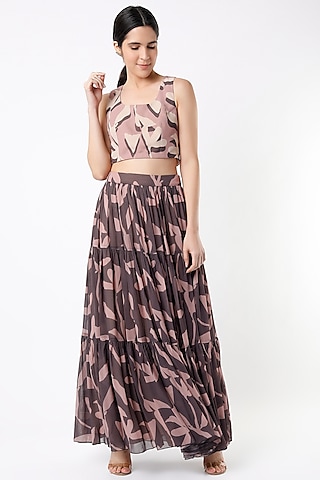 Dull Pink & Deep Purple Printed Skirt by Koai