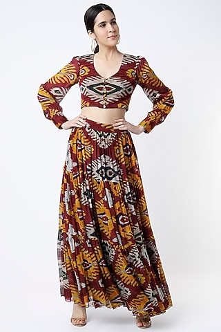 Maroon & Mustard Digital Printed Skirt by Koai