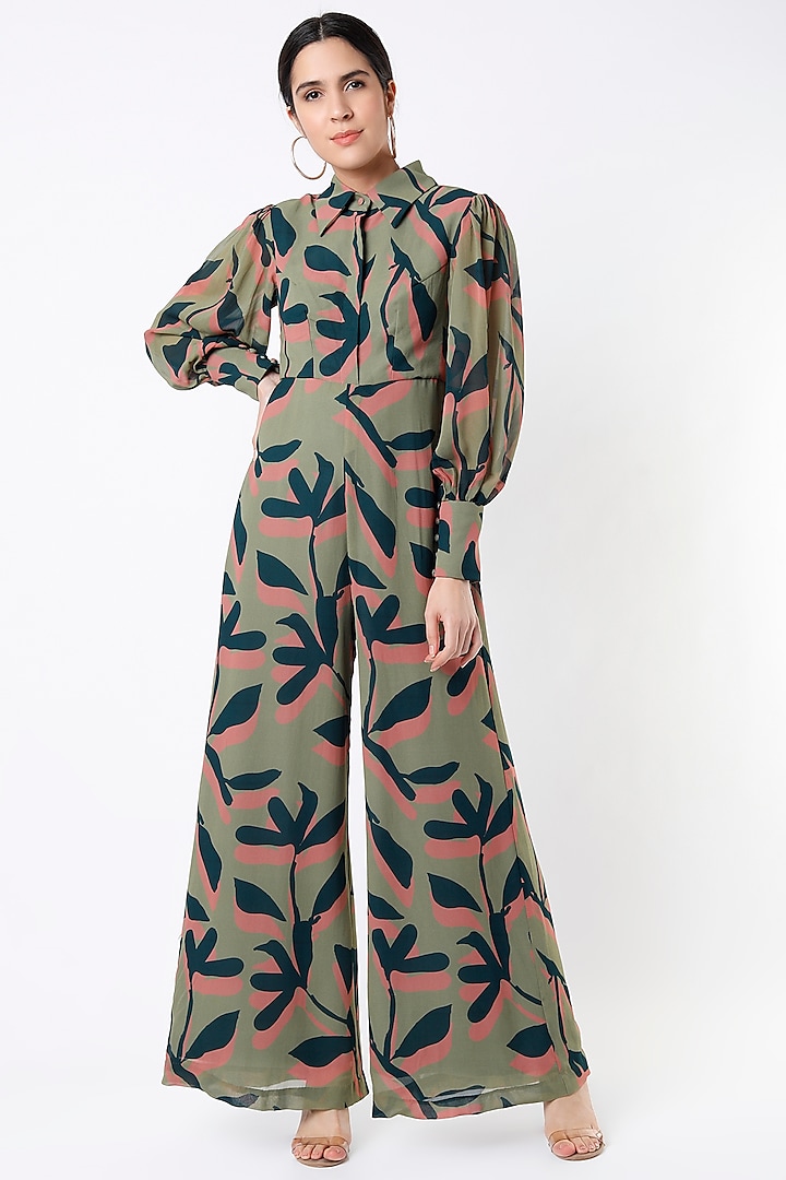 Olive Green Digital Printed Jumpsuit by Koai