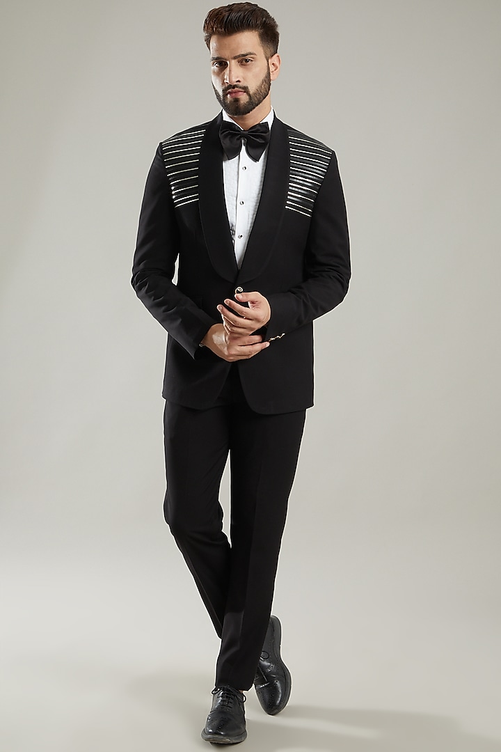 Black Gold Embroidered Tuxedo Set by KODEXRAUL