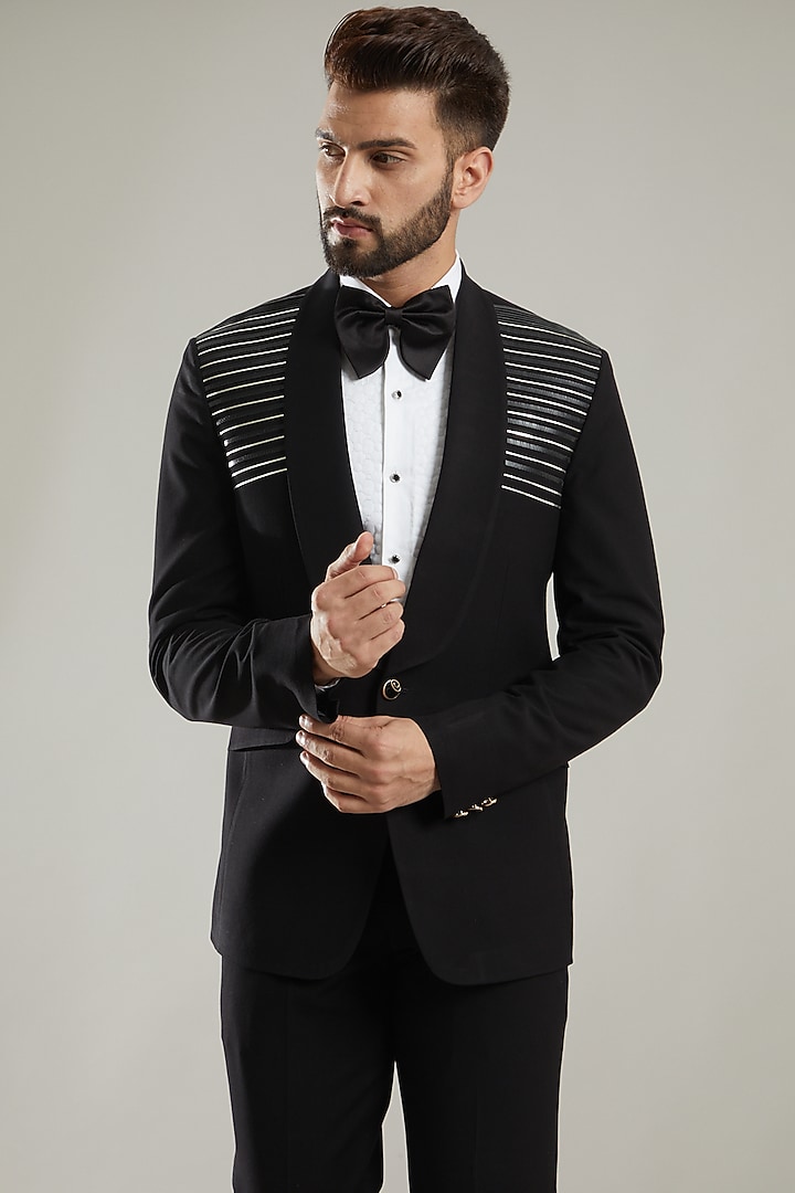 Black Gold Embroidered Tuxedo Set by KODEXRAUL at Pernia's Pop Up Shop