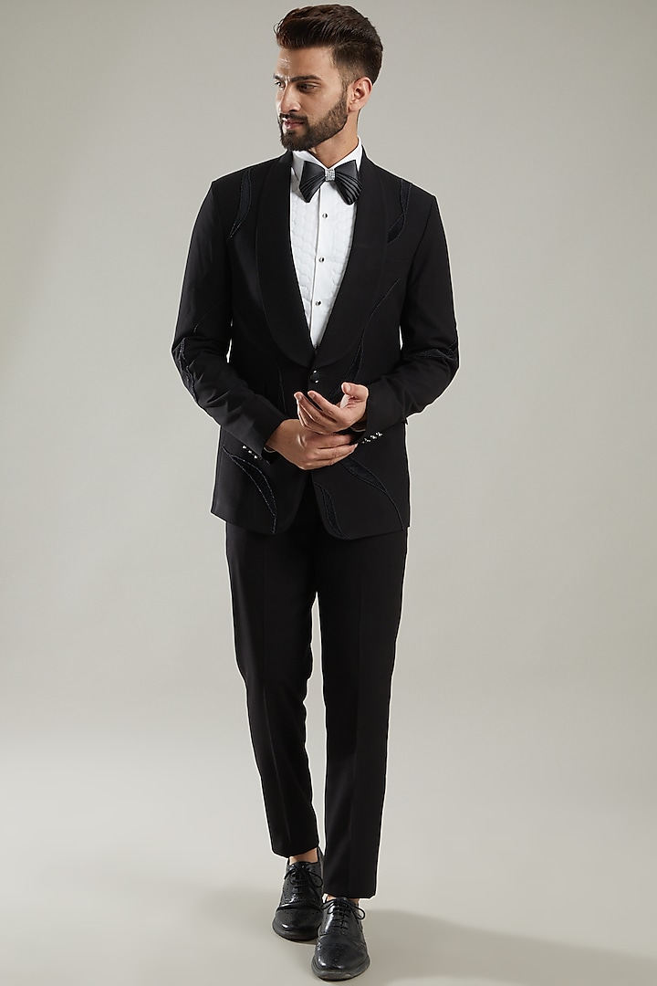 Black Hand Embroidered Tuxedo Set by KODEXRAUL